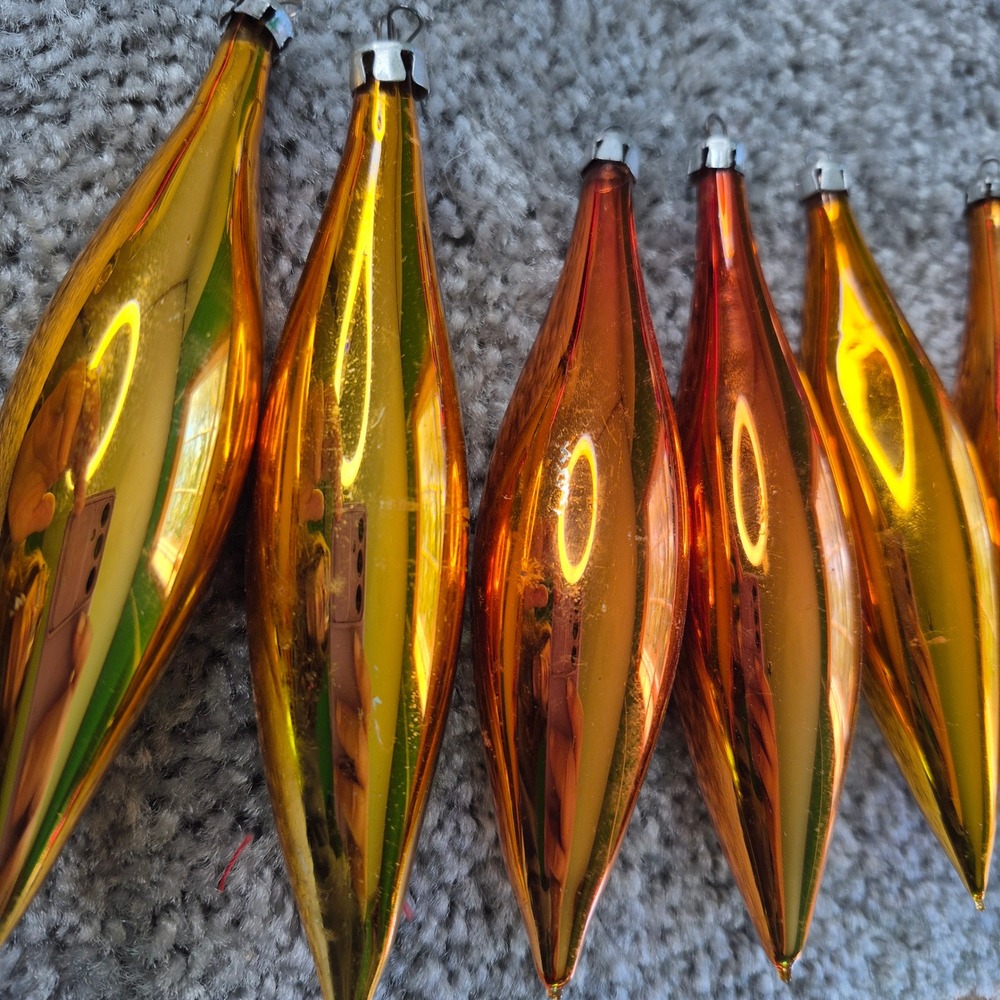 Vintage Gold Amber Mercury Glass Teardrop Icicle Christmas Ornaments Set of 7